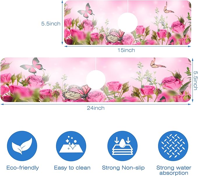 Pink Rose Bouquet Butterfly Kitchen Sink Splash Guard Mat Absorbent Fast Drying Mat Faucet Draining Mat Sink Splash Guard Behind Faucet Drip Catcher for Kitchen Bathroom 5.5"×24"