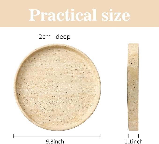 Apasqro Natural Travertine Vanity Tray – Round Beige Marble Tray for Bathroom, Jewelry, Candle, Perfume, Nightstand & Kitchen Decor, 10 Inch Wabi-sabi Style Decorative Stone Catchall Organizer