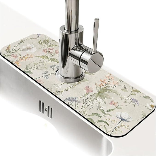 Kitchen Sink Splash Guard，wildflowers and foliage Faucet Mat Sink Gadgets-Super Absorbent Fast Drying Mat Drip Catcher for Kitchen, Bathroom,Sink Mat, Dish Drying Mat, Bathroom(15" X 5.5" )