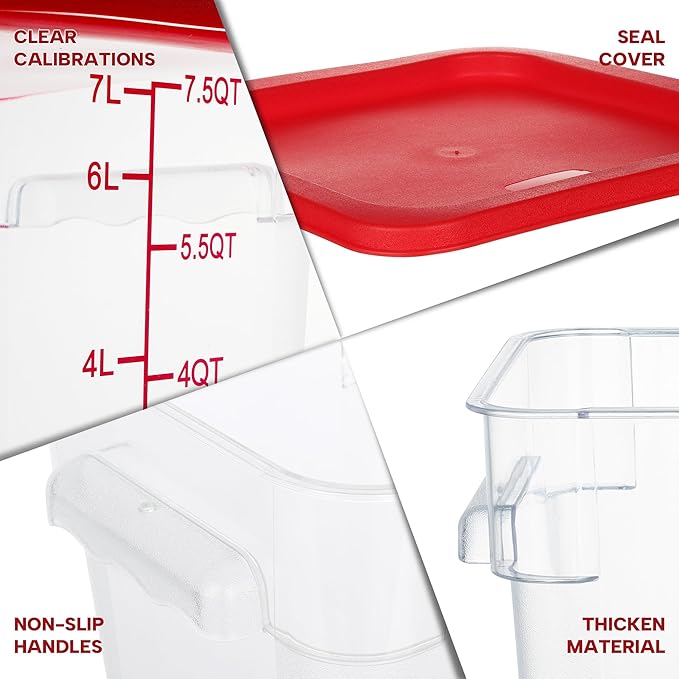 BIEAMA 4 Pack Food Storage Containers, 8 Quart with Lids, Square Commercial Containers with Scale, NSF, Polycarbonate, Clear
