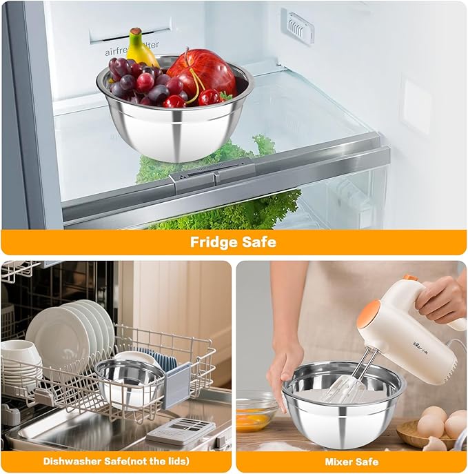YJSLICT 7 Piece Stainless Steel Mixing Bowls with Lids Set, Metal Mixing Bowls Nesting Design Salad Bowl for Kitchen Cooking, Baking, Prepping and Serving Food (Size 0.7, 1.1, 1.5, 2.1, 3.5, 4, 4.5QT)