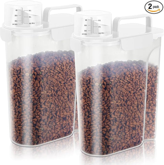 5Lbs Airtight Dog Cat Storage Container Portable with Upgraded Large Spout and Cup, Plastic Pet Food Dispenser for Small Animal Kibble, Bird Seed, Oatmeal, Rice, Flour, Brown Sugart-2 Pack White