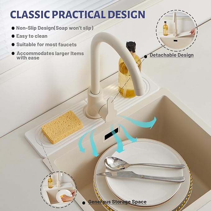Stone Faucet Mat for Kitchen Sink，Super Absorbent Diatomite Fast Drying Stone and Bathroom Stone Tray for Counter Quick Drying Splash Guard,Prevents Moisture Buildup Sink(White,15.8" x 3.9")