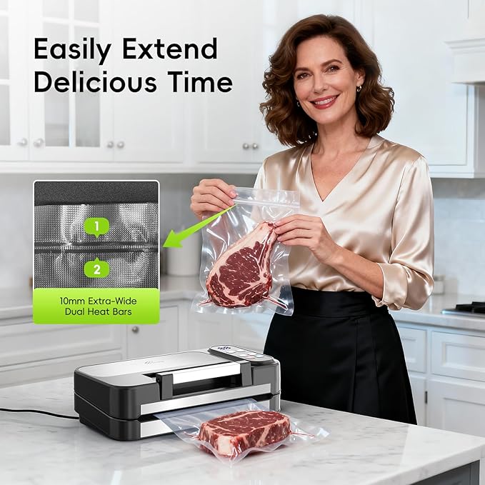 95kpa Vacuum Sealer for Food, 125W Commercial Food Saver Vacuum Sealer Machine, 10-in-1 Compact Meat Vacuum Packing Machine with Bags Storage, Built-in Cutter, Easy-Lock Handle, Stainless Steel