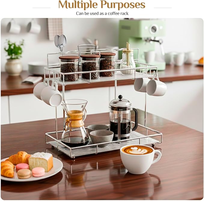 Megier 2 Tier Chrome Bathroom Organizer Countertop, Small Countertop Organizer for Bathroom Decor, Kitchen Counter Shelf for Spice Rack and Snack, Vanity Makeup Organizers Tray for Bedroom (Chrome)
