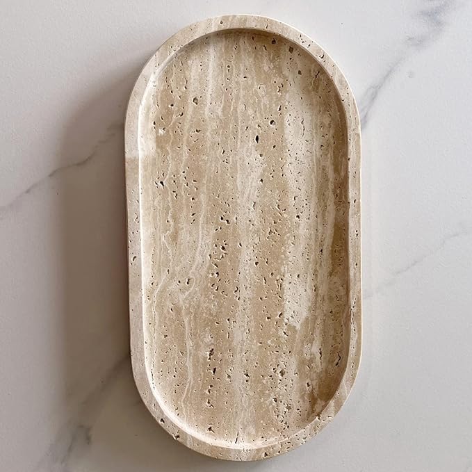 SAIDKOCC Marble Oval Handmade Tray Ornaments Vintage Tray Storage Dish for Counter,Coffee Table,Nightstand and Desk,Bathroom (Beige Travertine)