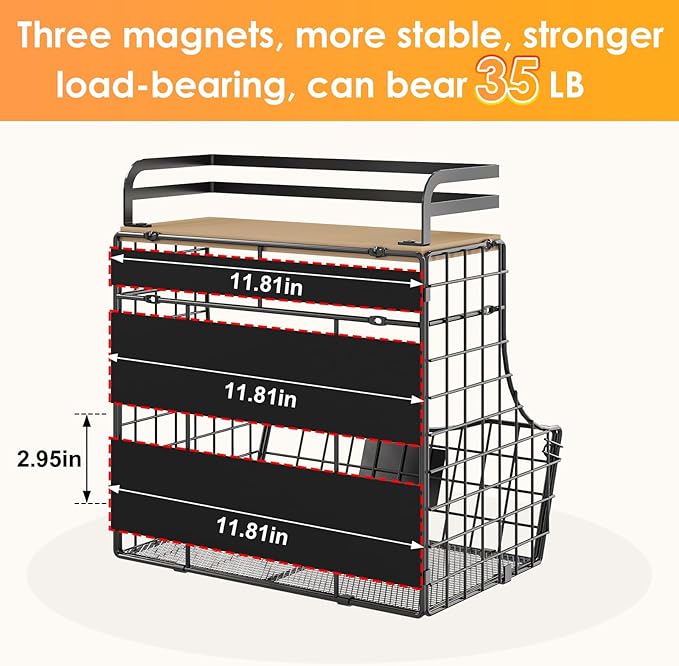 Magnetic Shelf for Fridge with Adjustable Wood Lid & Nameplate, Fruit Potato & Onion Storage Bins with 2 S Hook, Magnetic Spice Rack for Refrigerator, Magnetic Fridge shelf for Kitchen Pantry Laundry