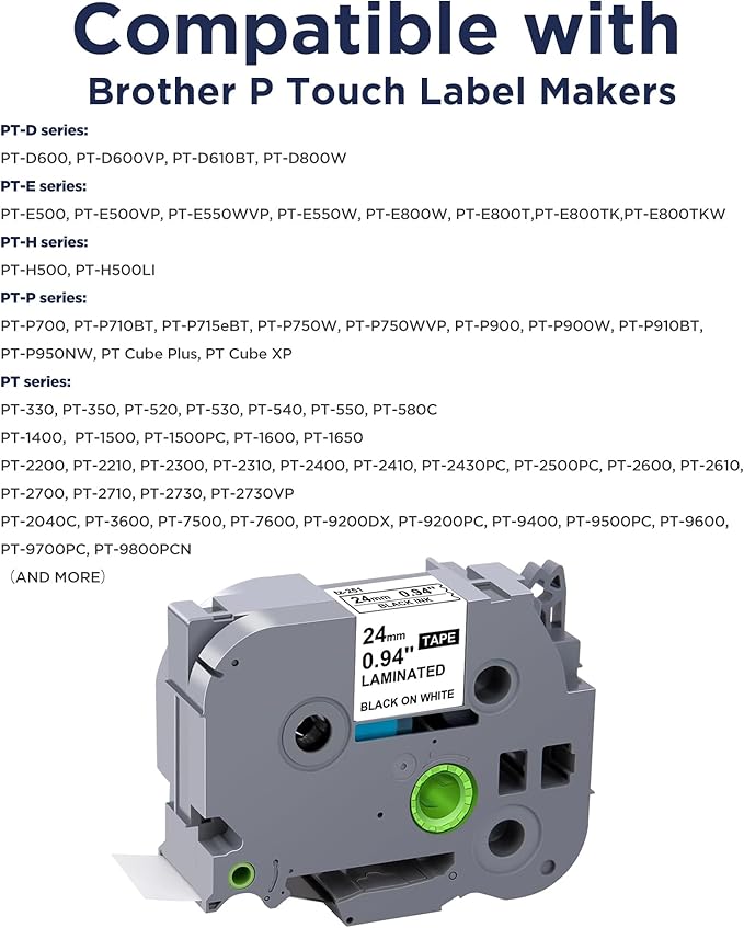 TZe-251 Label Maker Tape 24mm 0.94 Laminated White Replacement for Brother P-Touch Label Tape TZe251 TZ-251 Black on White 1 Inch TZe Tz Tape Work for Brother PT-D600 PT-D610BT PTP700 PTP710BT, 4-Pack
