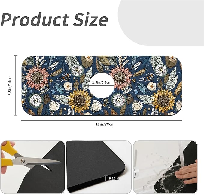 Kitchen Sink Splash Guard，bohemian flowers and leaves Faucet Mat Sink Gadgets-Super Absorbent Fast Drying Mat Drip Catcher for Kitchen, Bathroom,Sink Mat, Dish Drying Mat, Bathroom(15" X 5.5" )