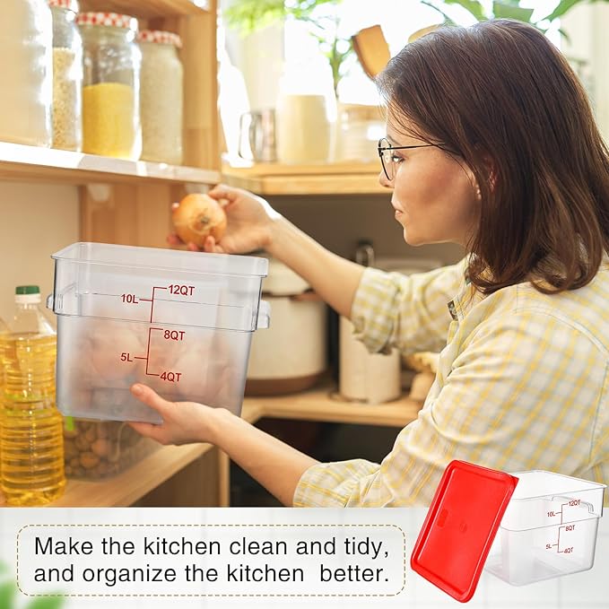 Suclain 2 Pcs Square Food Storage Container Polycarbonate Clear Food Container with Lid Commercial Rice Storage with Graduations for Commercial Kitchen(12 Qt,Red)