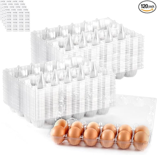 120PCS Egg Cartons Cheap Bulk, Clear Egg Cartons for Chicken Eggs, Reusable Chicken Egg Container Bulk Egg Holders with Labels for Refrigerator, Storage, Family, Chicken Farm, Market