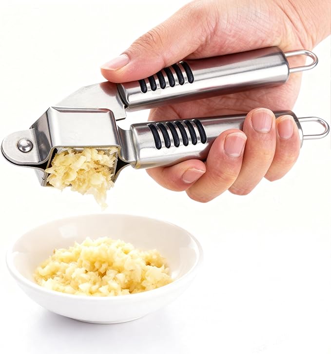 MANJIA Garlic Press and Peel Set Stainless Steel- Rust Proof Garlic Mincer Tool - Easy-Squeeze, Easy-Clean Silicone Garlic Peeler & Brush (Orange)