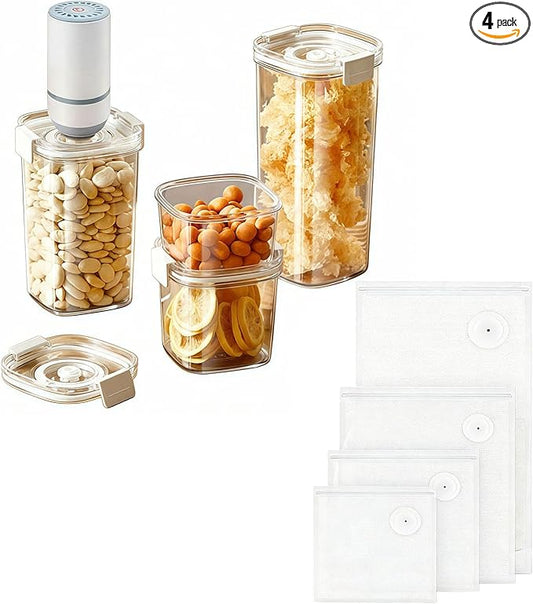 Vacuum Container,Vacuum Seal Containers,4pcs Airtight Food Storage Containers with Lids,4pcs Food Vacuum Bags/ 1pc Automatic Pump,for Kitchen and Pantry Organization (Rectangula)
