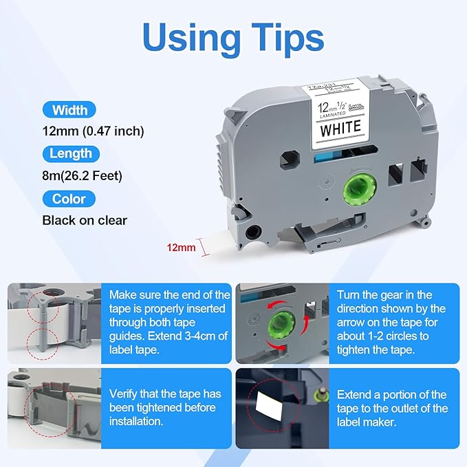 Label Orison TZe-231 TZ-231 Compatible with Brother P-Touch Label Tape Tz Tape 12mm 0.47 Laminated White Refills for PT-H110 PT-D210 PT-D400 Label Maker,Black on White,1/2" x 26.2Feet(12mmx8m), 5Pack