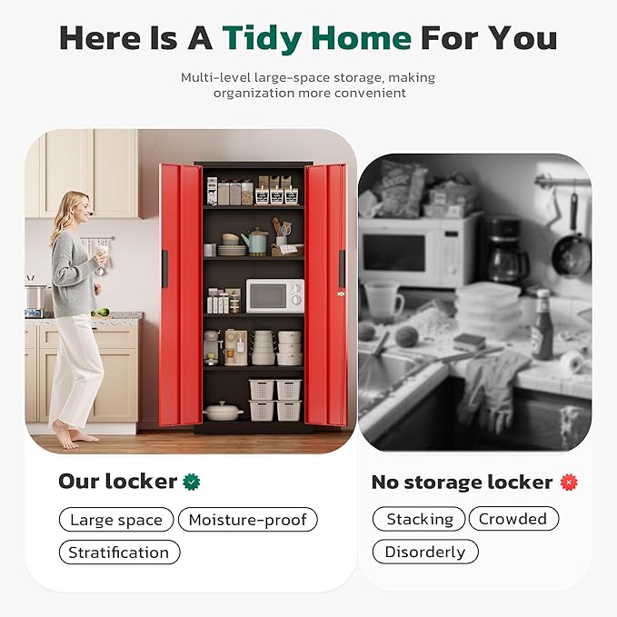 Greenvelly Metal Cabinet, 63”Tall Kitchen Pantry Storage Cabinets with 2 Lock Doors and 4 Adjustable Shelves,Black Red Kitchen Cabinet Storage for Dinning Room,Garage,Office