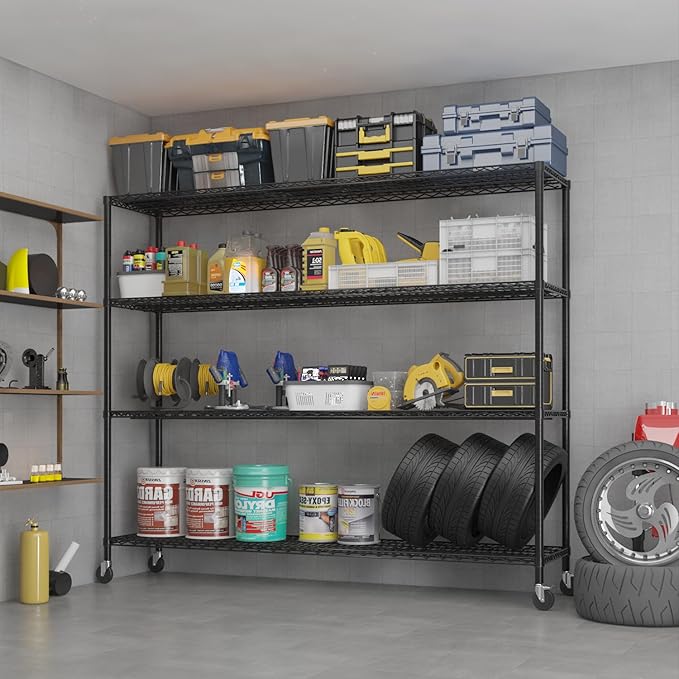 VINGLI 4 Tier Metal Storage Shelves 65''H Wire Shelving with Wheels for Storage Adjustable Heavy Duty Garage Shelving Storage Racks for Pantry Shelves Kitchen Office Garage, 65''H X63''W X23''D