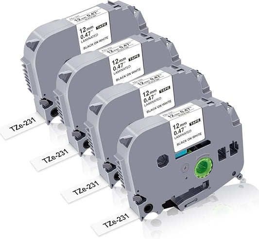 TZe-231 Label Tape 12mm Replacement for Brother Label Maker Tape 12mm 0.47 Laminated White TZ-231 TZe231 TZ Tape Work for Brother P Touch PT-H110 PTD210 D220 D400 D600 1280, 4PK