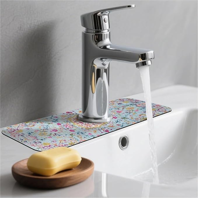 Kitchen Sink Splash Guard，Bohemian style flowers Faucet Mat Sink Gadgets-Super Absorbent Fast Drying Mat Drip Catcher for Kitchen, Bathroom,Sink Mat, Dish Drying Mat, Bathroom(15" X 5.5" )