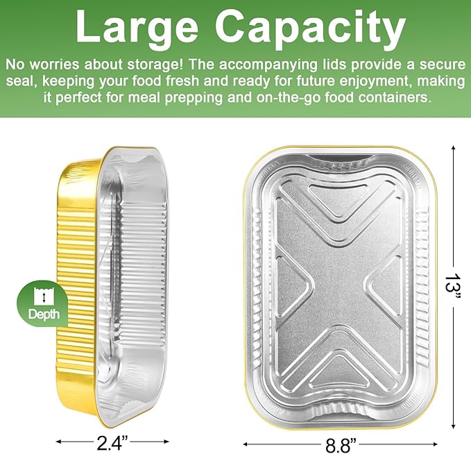 Fothwart 13"×9"×2.4" - 15Pack 9x13 Gold Aluminum Foil Pans with Lids Heavy Duty, Foil Food Containers with Lids, Tin Foil Pans for Baking, Meal Prep, Freezer, Heating and Takeout