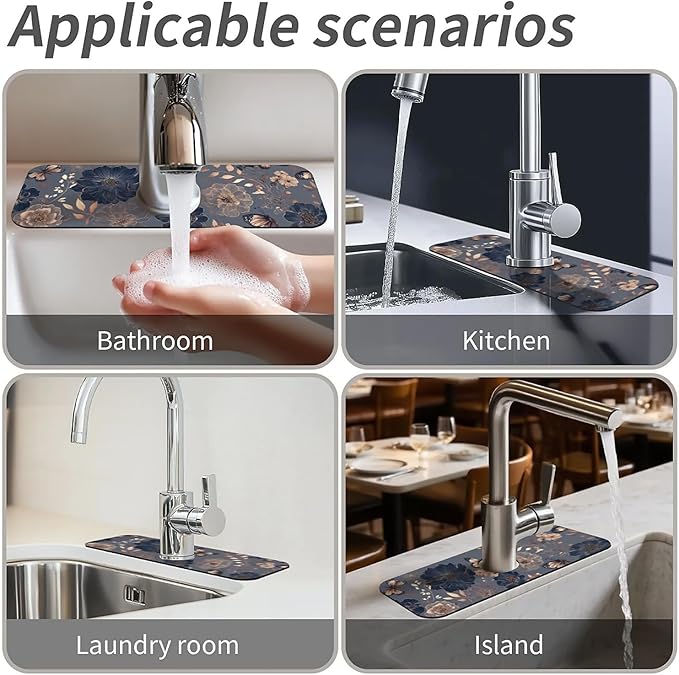 Kitchen Sink Splash Guard，Graceful butterfly flowers Faucet Mat Sink Gadgets-Super Absorbent Fast Drying Mat Drip Catcher for Kitchen, Bathroom,Sink Mat, Dish Drying Mat, Bathroom(15" X 5.5" )