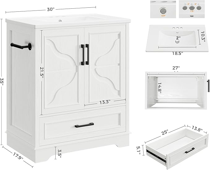 IRONCK 30" Bathroom Vanity with Ceramic Basin,Modern Under Sink Cabinet with 2 Soft Closing Doors and 1 Drawer, Free Standing Bathroom Storage Cabinet with Sink Combo Set,NO Faucet Accessories, White