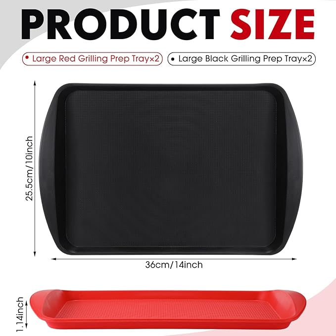 DoubleFill Set of 4 Grilling Prep and Serve Trays, 14x10 Inch Large BBQ Platter for Raw and Cooked Food, Cooking Meat Plastic Grilling Trays, Black and Red Stackable Defrosting Prep and Carry System