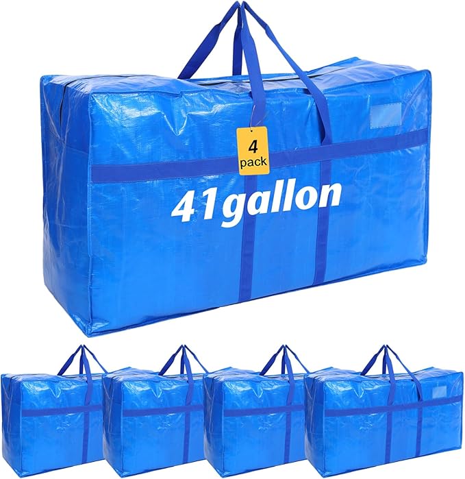 Windyun 4 Pack 41 Gallon Extra Large Moving Bags XXL Heavy Duty Storage Bag with Strong Zipper Handle Jumbo Big Tote Box Foldable for College Dorm Travel Clothes Duffle Blanket Pillow(Blue)