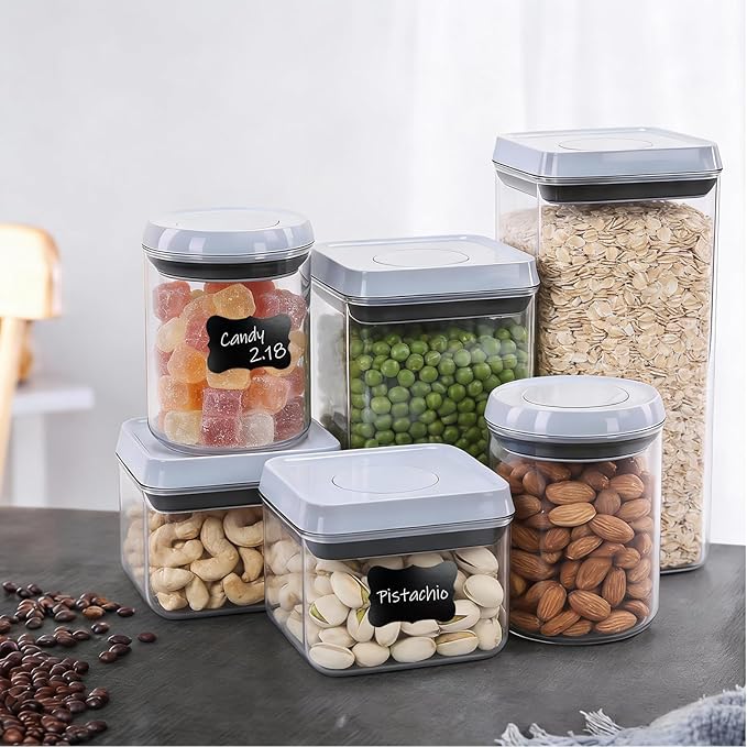 6 Pcs Airtight Food Storage Containers with Lids, Push Button Seal BPA-Free Set for Kitchen Pantry, 0.65QT/0.7QT/1.8QT/2.4QT for Bulk Dry Food, Cereal, Flour, Sugar, RV Kitchen Storage