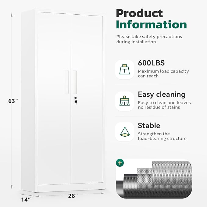 Greenvelly Metal Cabinet, 63”Tall Kitchen Pantry Storage Cabinets with 2 Lock Doors and 4 Adjustable Shelves,White Kitchen Cabinet Storage for Dinning Room,Garage,Office