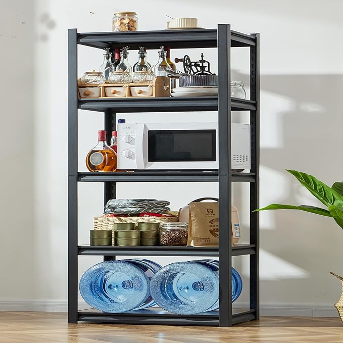 REIBII 2500LBS Storage Shelves, 5 Tier Adjustable Pantry Shelves, Metal Shelving Unit for Closet, Kitchen, Pantry, Laundry, 24.4''W X 16.4''D X 60''H, Black