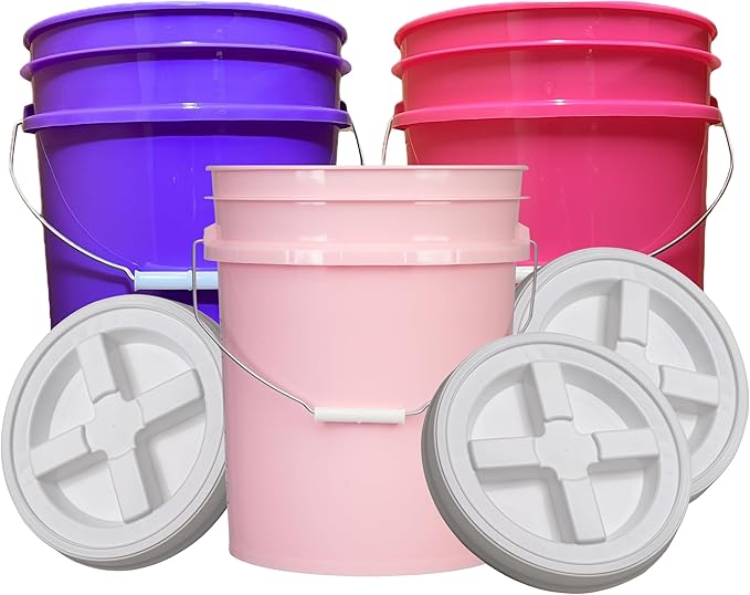 House Naturals 5 Gallon Food Grade, BPA Free, Made in USA, Plastic Bucket, 3 Colors, (Pack of 3) (5G-Pink-Magenta-Purple HN White lids)