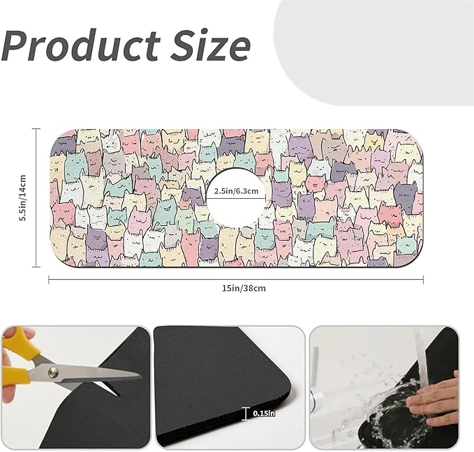 Kitchen Sink Splash Guard，Cute colorful cats Faucet Mat Sink Gadgets-Super Absorbent Fast Drying Mat Drip Catcher for Kitchen, Bathroom,Sink Mat, Dish Drying Mat, Bathroom(15" X 5.5" )
