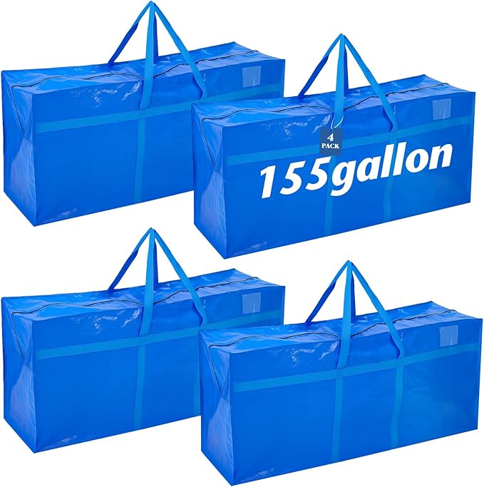 Windyun 4 Pack 155 Gallon Extra Large Moving Bags XXL Heavy Duty Storage Bag with Strong Zipper Handle Jumbo Big Tote Box Foldable for College Dorm Travel Clothes Duffle Blanket Pillow(Blue)