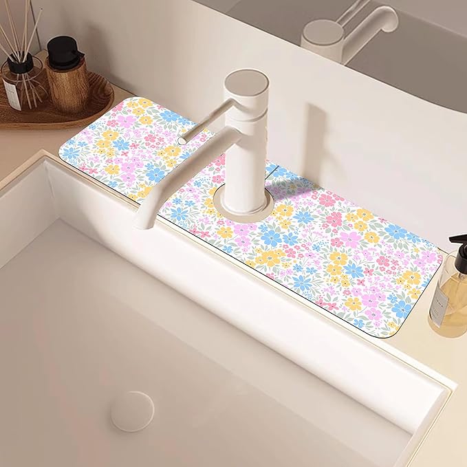 Retro Floral Cute Wildflowers Dish Drying Mat for Kitchen Sink Splash Guard Behind Faucet Sink Mat Absorbent Fast Drying Faucet Draining Mat for Bathroom Kitchen 5.5"×15"