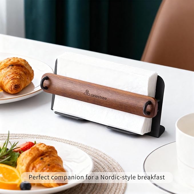 Celestree Unique Guest Towel Holder for Bathroom & Table - Modern Metal Napkin Dispenser with Walnut Weighted Arm, Rectangular Disposable Hand Towels Tray for Kitchen Steak Dinner, Vanity, Picnic