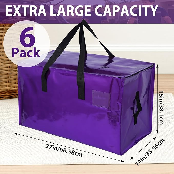 6 Pack Moving Bags Heavy Duty, Extra Large Moving Bags, Moving Supplies, Storage Bags with Handles and Zippers, Waterproof Totes for Storage Saving Packaging Shipping and Travel(Laser Purple)