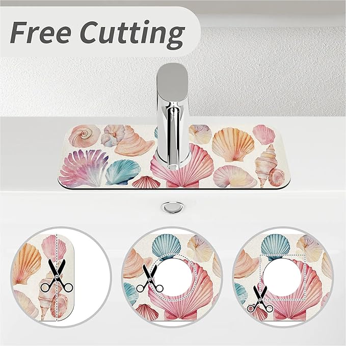 Kitchen Sink Splash Guard，watercolor seashells Faucet Mat Sink Gadgets-Super Absorbent Fast Drying Mat Drip Catcher for Kitchen, Bathroom,Sink Mat, Dish Drying Mat, Bathroom(15" X 5.5" )
