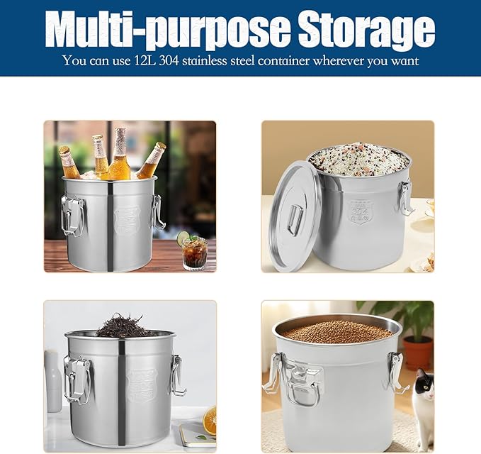 8.72Gal/33L Stainless Steel Airtight Canister, 304 Stainless Steel Airtight Food Storage Container with Lid and Lock Clips, Large Metal Storage Canister for Coffee Beans, Flour, Tea, Sugar, Cereals