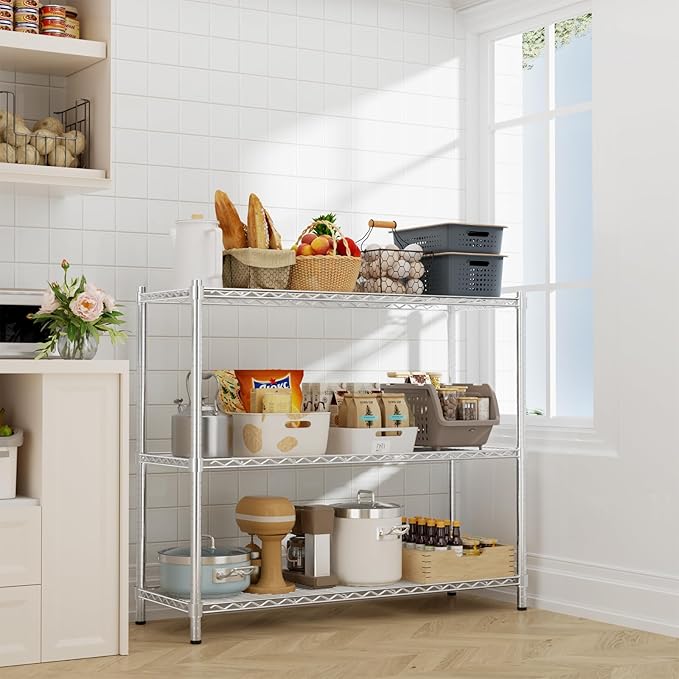 Storage Shelves Heavy Duty, 48" W x 20" D x 47" H Garage Wire Shelving Unit Loads 1200LBS, 3-Tier Adjustable Metal Industrial Utility Shelf Rack for Kitchen, Laundry Room, Pantry, Warehouse, Basement