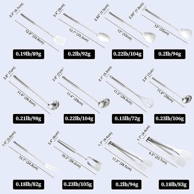 NIITAWH Stainless Steel Kitchen Utensils 12 Pcs, Small Cooking Utensils Set,Spatulas,Ladle,Skimmer,Tunners,Serving Spoon,Spaghetti Spoon,Fork,Potato Masher,Egg Whisk,Tongs,Dishwasher Safe