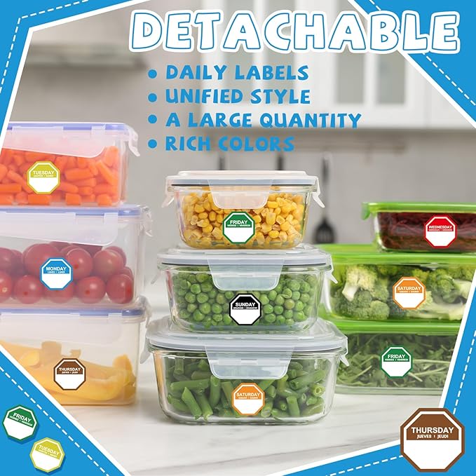 7000 Pcs Day of The Week Labels Food Labels Monday Through Sunday Management Inventory Stickers Removable Weekly Self Adhesive Date Dot Stickers for Restaurant Kitchen Containers (Octagon)