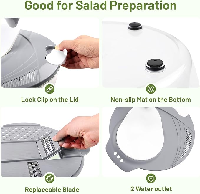 SmartTrends Salad Spinner, 5.3 QT Lettuce Spinner with Strainer, Fruit Cleaner with 4 Replaceable Blade for Shredding, Slicing and Pureeing, Salad Washer & Dryer for Quick Washing (Grey)
