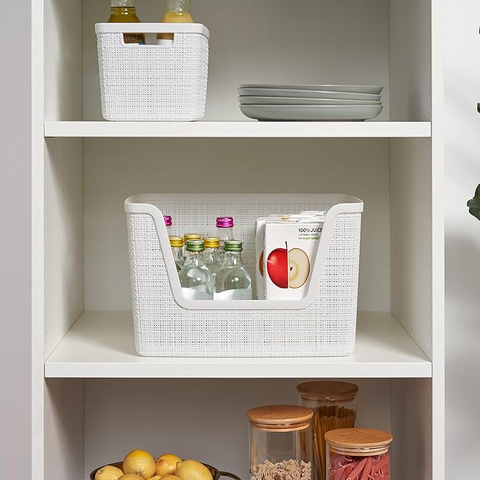 Curver Set of 4 Large 18L Easy Access Jute Decorative Plastic Organization and Storage Baskets - Perfect Bins for Home Office, Closet Shelves, Kitchen Pantry and All Bedroom Essentials, White