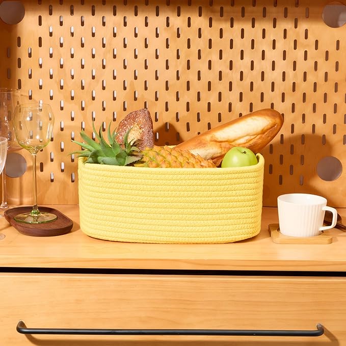 Small Storage Baskets for Organizing | Closet Organizer Bins | Shelf Toy Basket | Woven Rope Baskets | Cube Decorative Box | Shallow Basket | 13x8.5x5.1” | 3 Packs Yellow