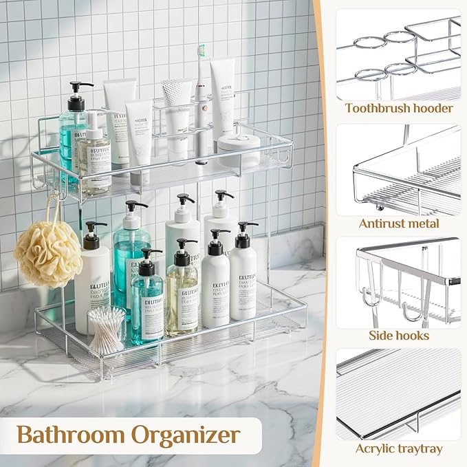 Megier 2 Tier Chrome Bathroom Organizer Countertop, Small Countertop Organizer for Bathroom Decor, Kitchen Counter Shelf for Spice Rack and Snack, Vanity Makeup Organizers Tray for Bedroom (Chrome)