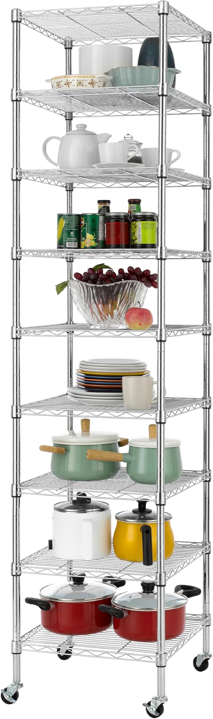 Finnhomy Heavy Duty 9 Tier Wire Shelving with Wheels 18x18x79-inches 9 Shelves Metal Storage Rack Thicken Steel Tube, Pantry Shelves for Storage, Adjustable Shelving Unit, NSF Certified, Chrome