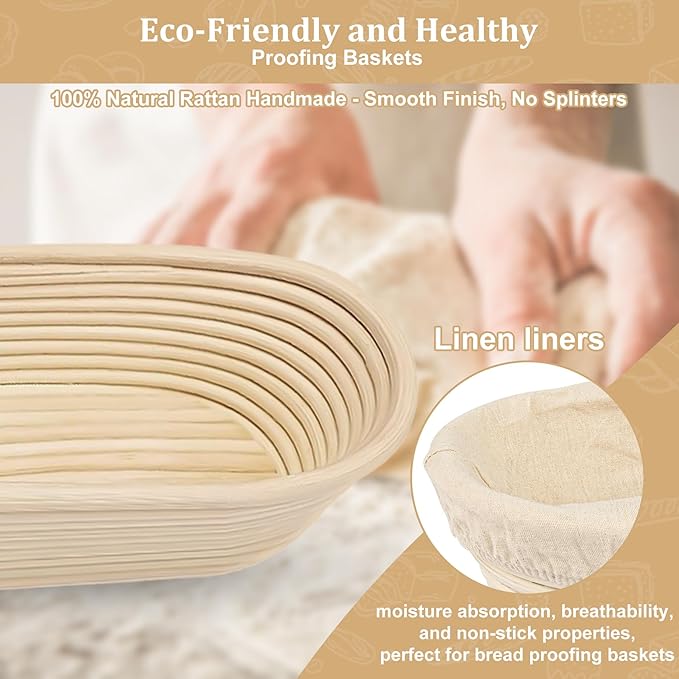 UDUK Banneton Bread Proofing Basket,Sourdough Proofing Basket Set of 2, 10 inch Round and 9.6 Oval with Bread Making Tools, Sourdough Bread Baking Supplies, Natural Rattan Proofing Bowls Baskets