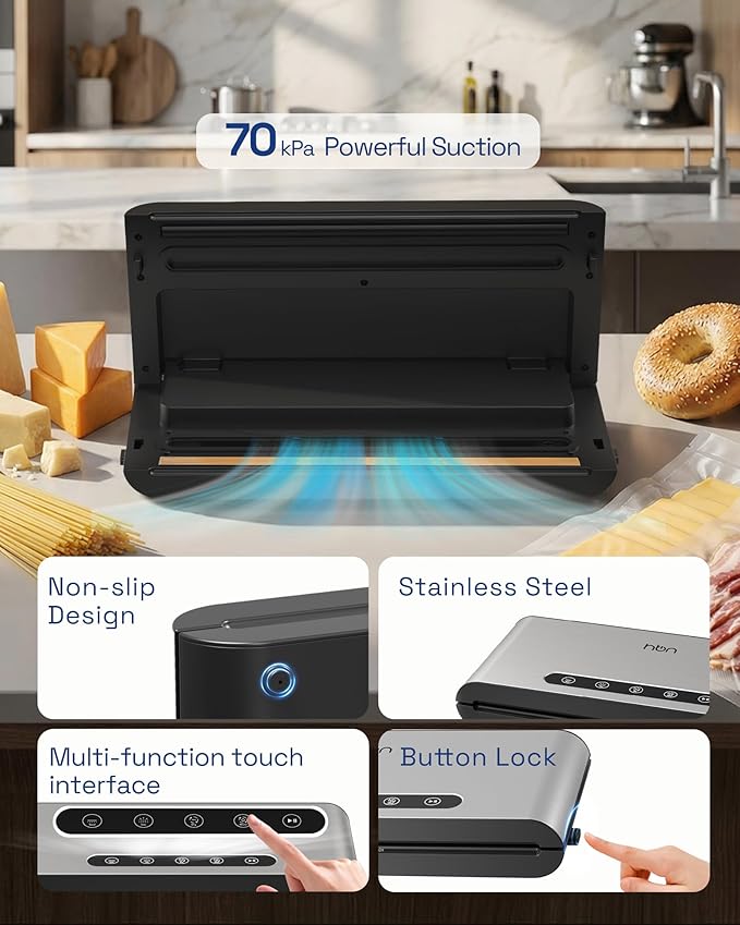 HBN Vacuum Sealer Machine Commercial Automatic Food Vacuum Sealer Built-in Cutter & Bag Storage Countertop Vacuum Sealer with Automatic Hands-Free Lid SUS Stainless Steel 1 Bag Roll & 20 Bags