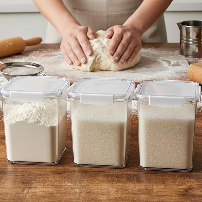 Set Of 3 Large Food Storage Jars 4L - Airtight Containers with Lids,Sugar and Flour Containers Set with Spoon,Kitchen Canisters for Sugar,Flour, Coffee,Pantry Organization Keeper(Clear-3 Pack)