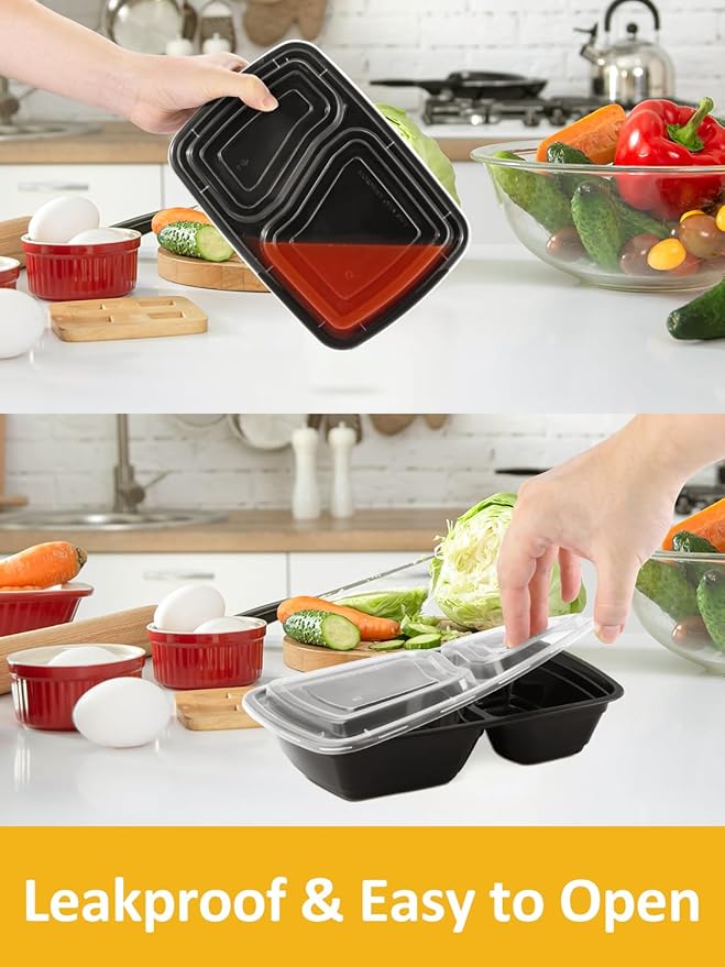 NEEBAKE 60 Sets 32oz Meal Prep Containers 2 Compartment - Plastic Food Storage Containers 2 Compartments with Lids